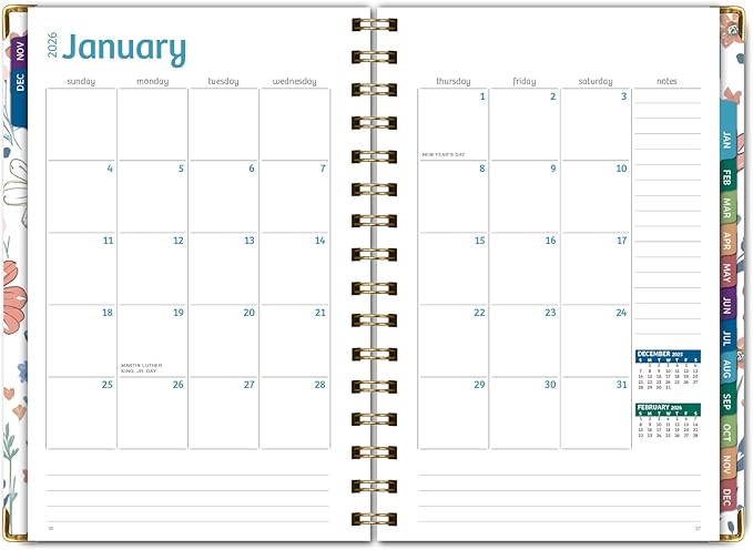 HARDCOVER 2026 Planner, 5.5"x8": 14 Months (November 2025 - December 2026), Daily Weekly Monthly Planner, Yearly Agenda, Bookmark, Pocket Folder and Sticky Note Set (Colorful Botanicals)