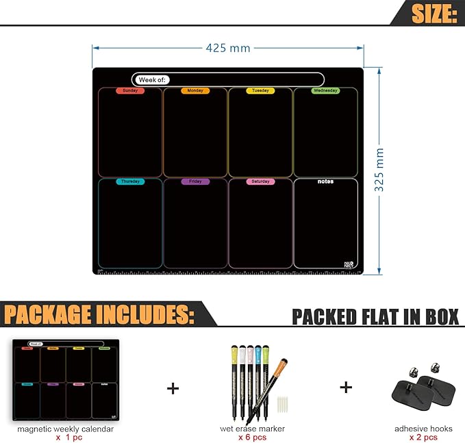 MAG-FANCY Magnetic Calendar for Refrigerator Black Weekly Planner Dry Erase Calendar Chalkboard Semi-Gloss Planning Board 6 Fine Tip Wet Erase Markers & Mounts for Wall Hanging