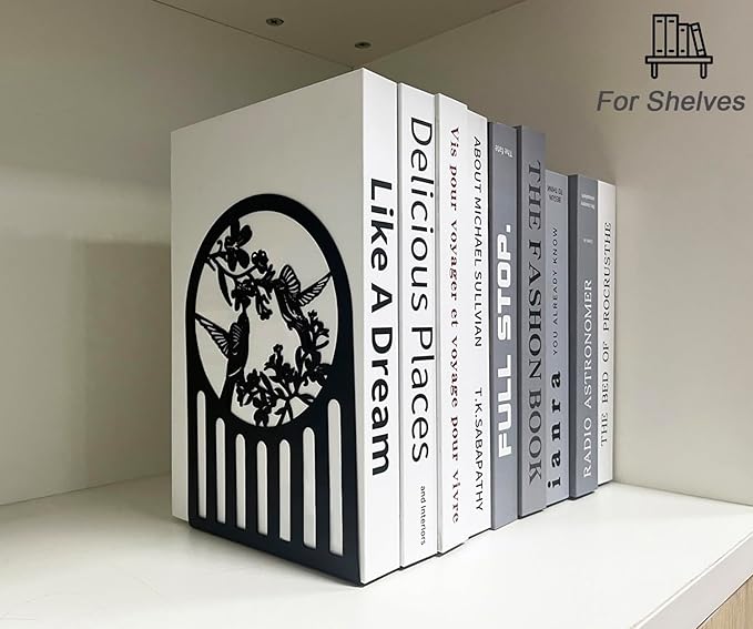 Hummingbird Book Ends, Metal Bookends for Shelves Decorative, Book Stopper for Heavy Books, Bookends for Home, Office, Library, School Use (Black)