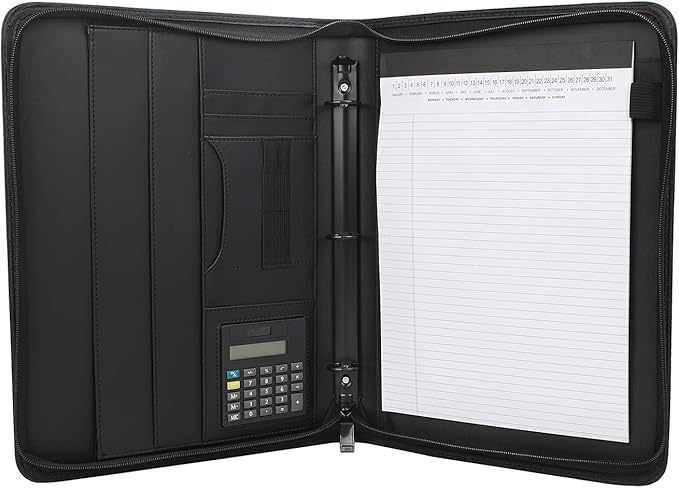 Business Portfolio with Zipper 3 Ring Binder Organizer - PU Leather Folder Padfolio Document Organizer with Solar Calculator,Writing Pad