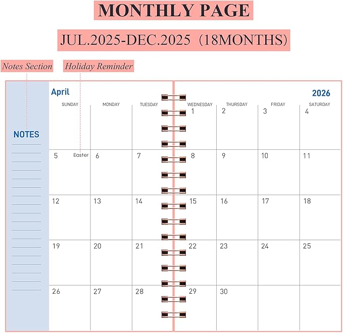 Daily Planner 2025-2026, Weekly and Monthly Planner 2025-2026 Academic Year, July 2025-December 2026 Calender Planner, 8.2"×5.5", 18 Months (JUL.2025-DEC.2026 Pink)