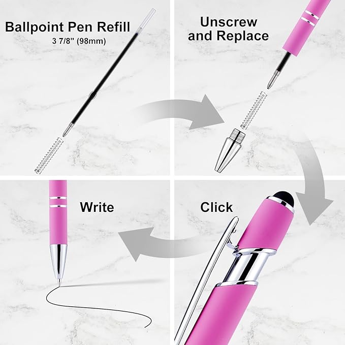 LINFANC 12 Pack Pink Ballpoint Pen with Stylus Tip, 1.0 mm Black Ink Smooth Writing Pens, Metal Stylus Pens for Touch Screens