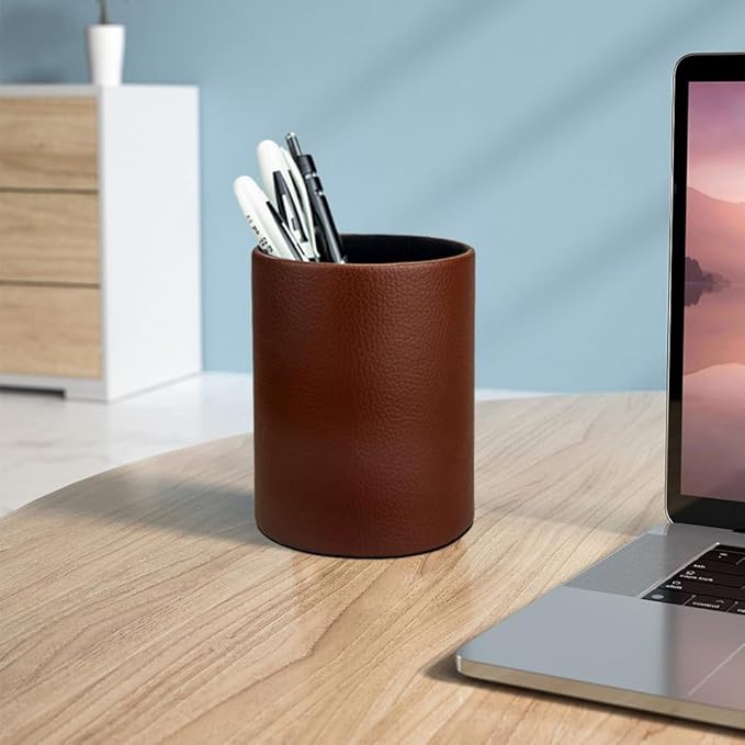 Pen Pencil Holder Cup Container PU Leather Desk Organizer Stand Decor Brush Scissor Holder Decoration Office Desk Home School (3.3" x 3.3" x 4", Brown)