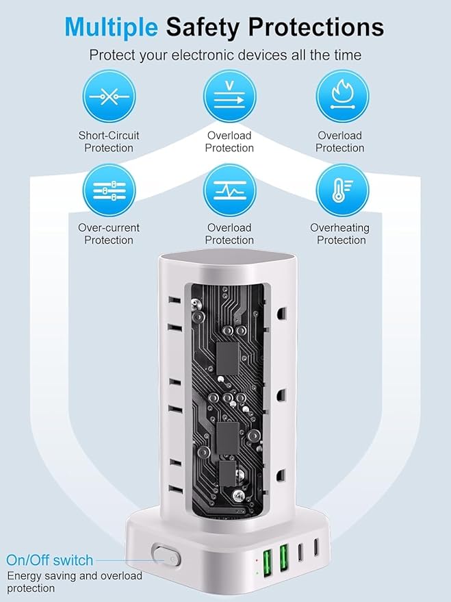 Power Strip Tower with Wireless Charger, Flat Plug Surge Protector Tower with 15FT Extension Cord, 12 AC Multiple Outlets, 4 USB (2 USB C),15W Wireless Charging Power Tower for Home Office Dorm,White
