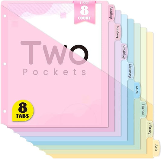 Sooez 8-Tab Binder Dividers with Two Pockets, 8 Tabs Dividers for 3 Ring Binder Organizers, 3-Hole Plastic Sheets Protectors for US Letter Size, School, College, Office Supplies, Pastels, Set of 1