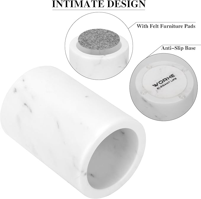 WORHE Natural Marble Pen Holder for Desk, Handcrafted Volakas Sturdy Desk Organizer for Office Supplies Storage Desktop Stationary Makeup Brushes Cup Pencil Holders for Home White (DL002)