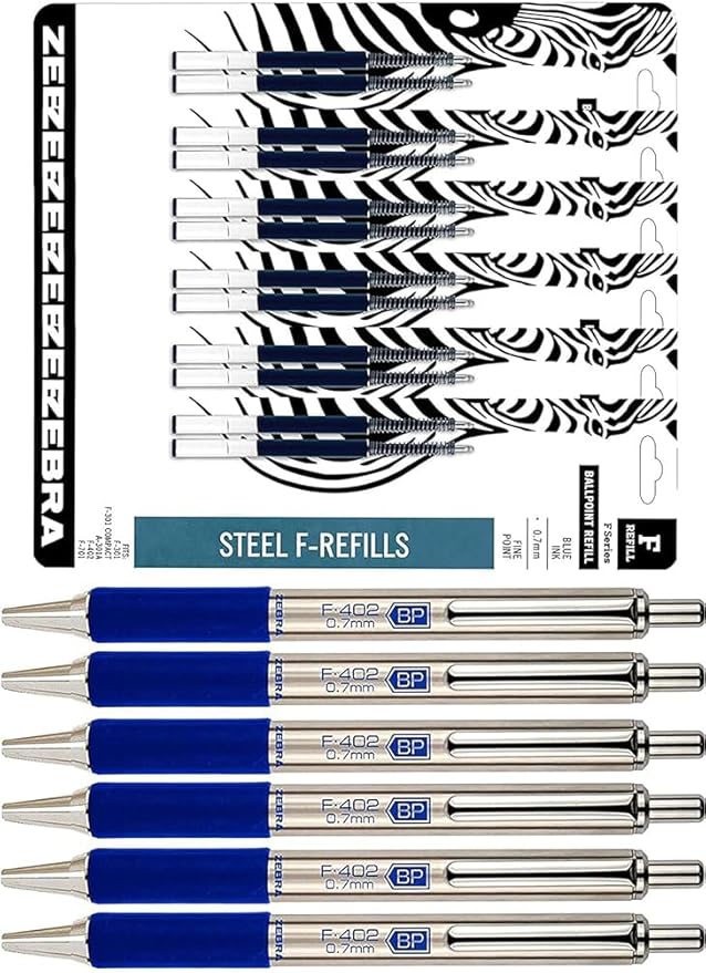 Zebra F-402 Ballpoint Stainless Steel Retractable Pens With Refills, Fine Point, 0.7mm, Blue Ink, 12-Count Bundle with Plastic Reusable Pouch