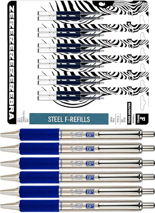 Zebra F-402 Ballpoint Stainless Steel Retractable Pens With Refills, Fine Point, 0.7mm, Blue Ink, 12-Count Bundle with Plastic Reusable Pouch