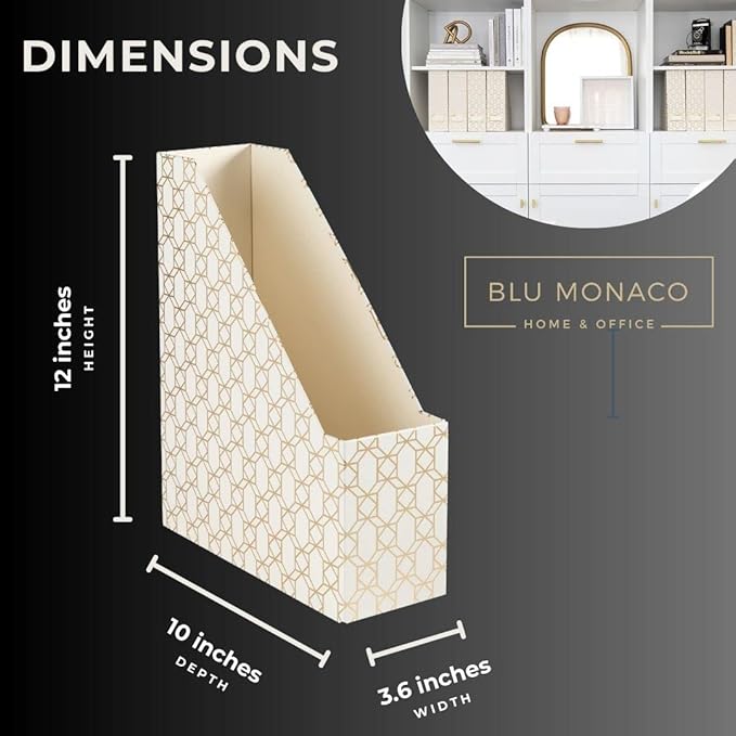 BLU MONACO Decorative Foldable Magazine Storage Boxes for Desk - Set of 4 Gold Magazine Holders with Cream Woven Design – Vintage Magazine File Organizer – Book Bins & Office Décor Storage Solution