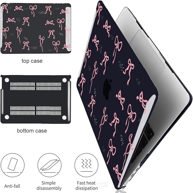 Case for MacBook Air 13.6 inch 2025 2024 2023 2022 M2 M3 M4 Chip Model A3240 A3113 A2681 with Touch ID, Pattern Plastic Hard Shell Cover for MacBook Air 13.6 M4 2025, Pink Bowknot Black