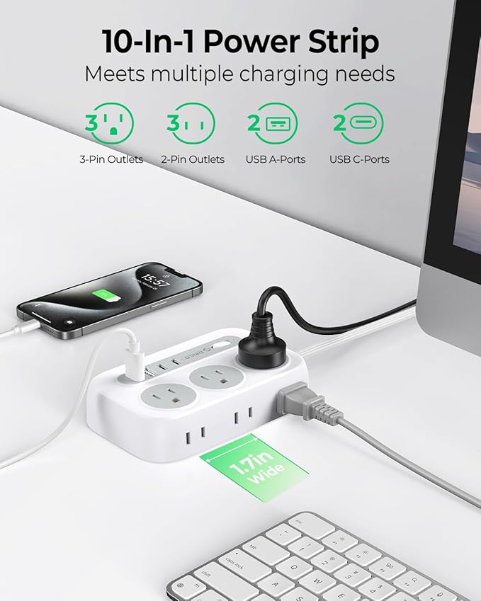 ORICO Surge Protector Power Strip, Multiple Outlets Extension Cord with 6 AC Outlets 2 USB-A and 2 USB-C Ports, 5 ft Flat Plug Power Strip, Mountable Outlet Extender for Dorm/Office/Home- OG