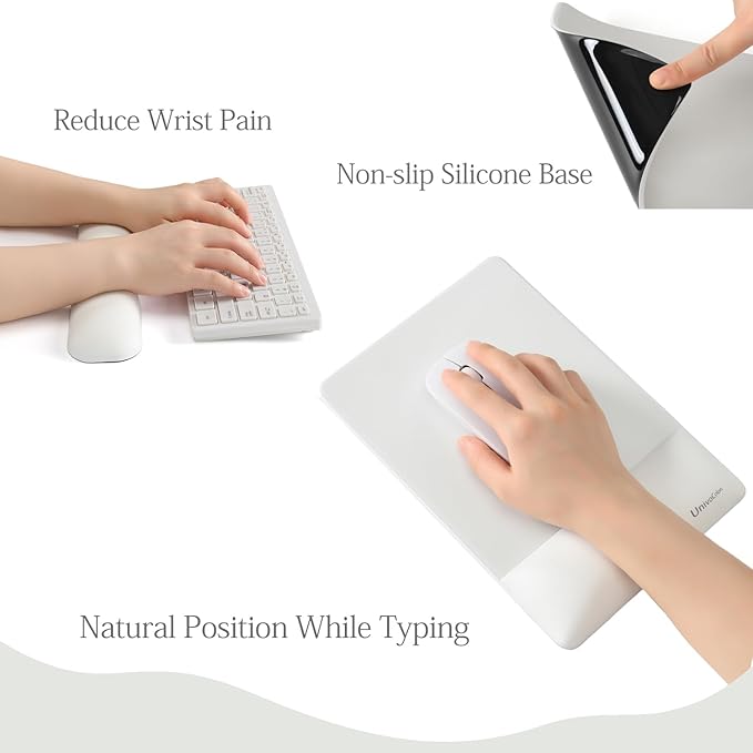 UnivoColors Design-Wave Set of Keyboad Wrist Rest & Mouce Pad,Artificial Sheepskin+Memory Foam+Ergonomic+Anti-Slip Gel, Resilience Support During Work and Gaming,Keyboard Accessory,White