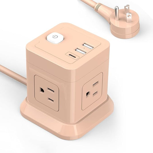 Cube Power Strip, FDTEK 4 Widely Spaced Outlet with 3 USB (1 USB C) Flat Plug Power Strips with Long Extension Cords Space Save Compact Portable for Travel Home Office Cruise - 10FT Pink