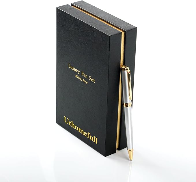 Luxury Ballpoint Pen with 24K Gold Trim, Switzerland Tip Point with Black Ink Refills, Fancy Ball Point Pen Gift Set for Men Women, Nice Writing Pens for Chirtmas,Silver