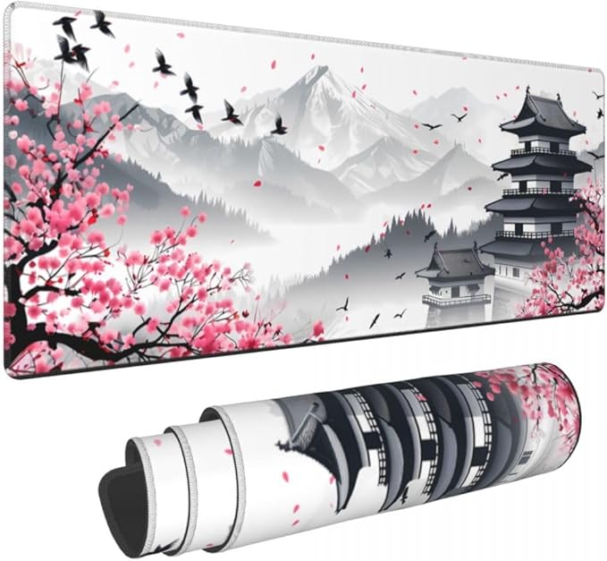 Desk Pad,Office Desk Mat 31.5"×11.8"Large Gaming Mouse Pad,Durable Extended Computer Mouse Pad,Waterproof Thick Big Mouse Pads with Non-Slip Rubber Base Office Home Japanese Castle Cherry