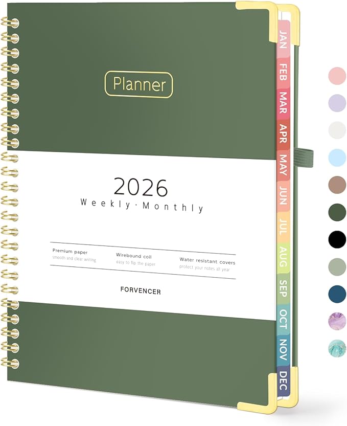Forvencer 2026 Planner, Hardcover Calendar Planner Weekly and Monthly, January 2026 - December 2026, 6" x 8", Spiral Agenda Book with Tabs, Exquisite Daily Journal with Inner Pocket, Organizer Notebook for Office Home School, A5 Size, Dark Green