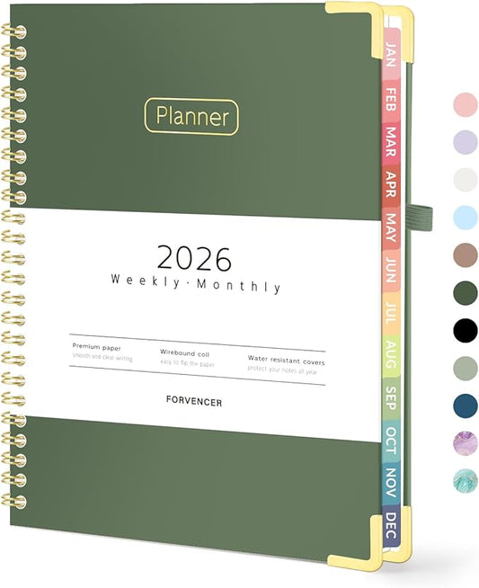 Forvencer 2026 Planner, Hardcover Calendar Planner Weekly and Monthly, January 2026 - December 2026, 6" x 8", Spiral Agenda Book with Tabs, Exquisite Daily Journal with Inner Pocket, Organizer Notebook for Office Home School, A5 Size, Dark Green
