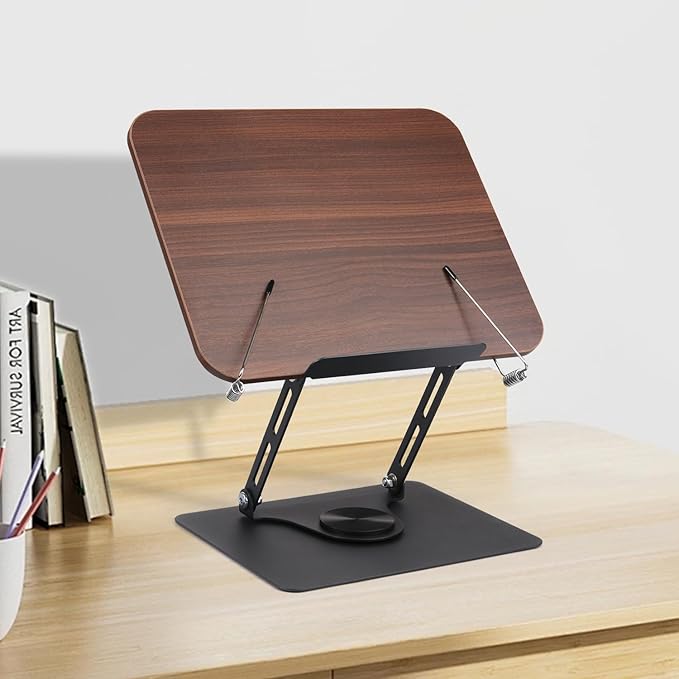 Honagu Book Stand for Reading, Adjustable Book Holder with 360 Degree Rotating Base & Page Clips, Hands Free Foldable Desktop Cookbook Stand for Sheet Music, Laptop, Recipe, Textbook (Brown Wood)