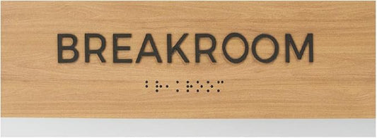 Breakroom Sign With Braille/Small Business Easy Adhesive Mount Door And Wall Sign / 3" x 9" Oak Woodgrain Design