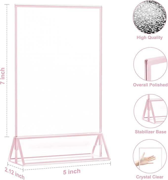 EHWINE 12 Pack Acrylic Sign Holder 5 x 7, Double-Sided Stand up Table Top Sign Holders, Pink Acrylic Picture Frame Menu Flyer Paper Holder Display Stand for Office Business Store Wedding Party