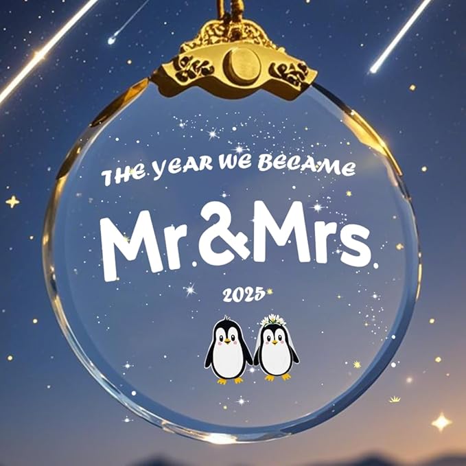 Mr&Mrs Gift 2025 Wedding Gifts for Couples 2025 Ornament- Future Mr and Mrs - Bridal Shower Bride Gift Ideas for Her Adorable Penguin for Newlywed Couple Crystal Glass Hanging Ornament
