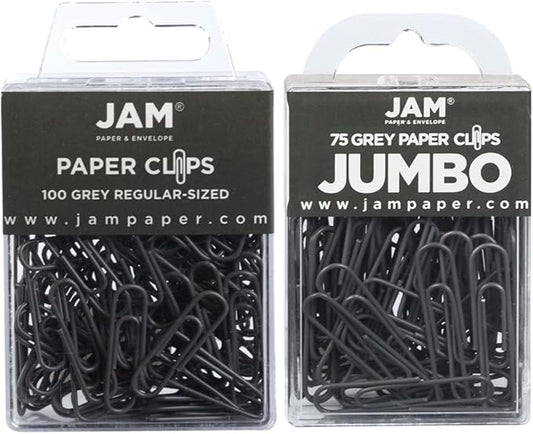 JAM PAPER Combo Pack Colorful Paper Clips - Standard & Jumbo - Grey Paperclips - 1 Pack of 100 & 1 Pack of 75