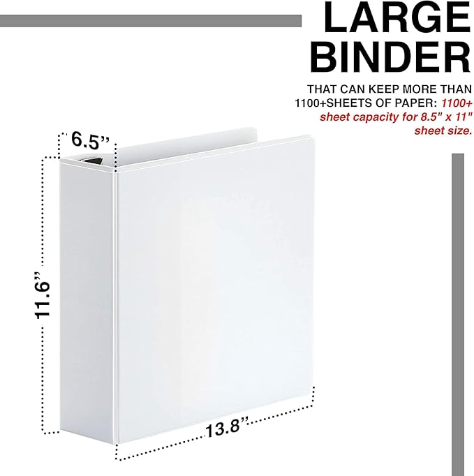 2 Pack of 6 Inch 3 Ring Binder with Locking Angle D Rings, Professional Heavy Duty Large Storage Binder with Pockets, Fits 8.5 x 11 Inch Sheets, Non-Stick Clear View Cover, Customizable, White