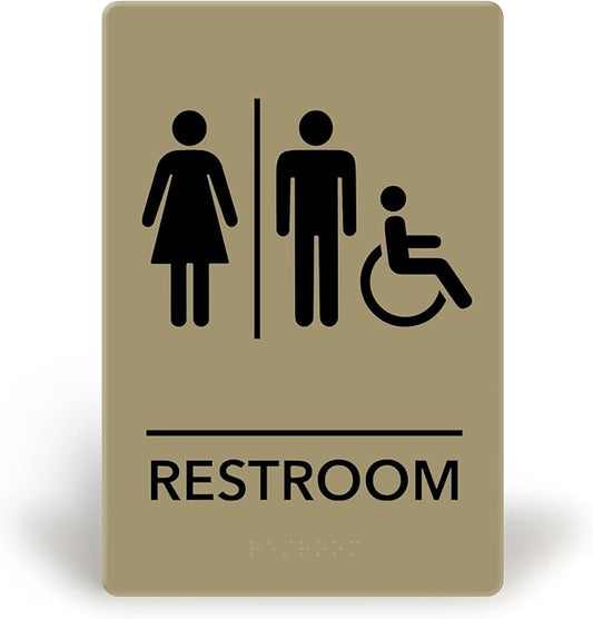 Promot Unisex Handicap Bathroom Sign – ADA Braille Restroom Sign for Business, Self-Adhesive, 9" x 6", Commercial Door Signage, Office Wall Decor - Taupe