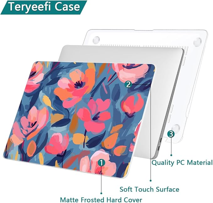 Teryeefi Compatible with M2 M1 MacBook Pro 13 Inch Case A2338 A2289 A2251 A2159 A1989 A1706 A1708 (2024 20203 2022-2016), Hard Shell Case & Keyboard Cover for Mac Pro 13" - W-Abstract Pink Flower