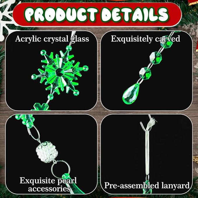 Lanpn 26 Pcs Christmas Ornaments Crystal Christmas Tree Decoration, Hanging Clear Acrylic Snowflake Icicle Drop Pendants for Xmas Winter Outdoor Indoor Party Decoration Green