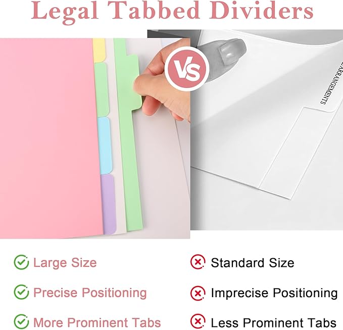 6 Sheets 9x14 Inch Legal Size Tabbed Dividers 3 Ring Binder Legal Binder Dividers 6 Colors Legal Index Tab Dividers Legal Exhibit Dividers File Separators with 2 Blank Card Stock for Office Document