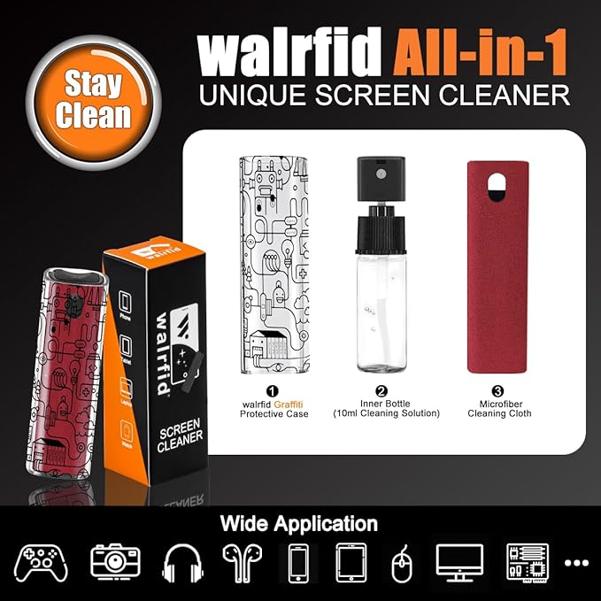 walrfid Car Screen Cleaner Spray and Wipe, Laptop Touchscreen Mist Cleaning Kit for Electronics Computer, iPad, Cellphone, MacBook, TV, Monitor, Tablet, Kindle Display, with Black Graffiti Case - Red