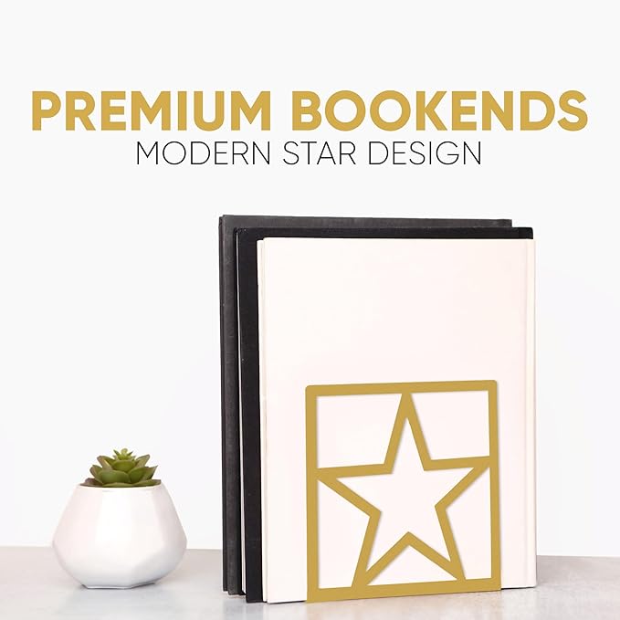 GEOMOD Star Gold Metal Bookends Decorative - Tall Sturdy Book Ends for Shelves - Modern Heavy Duty Bookend Stopper - Office or Home Book Shelf Book Holder - 6x3.2x6.3 Inches - 2 Pair