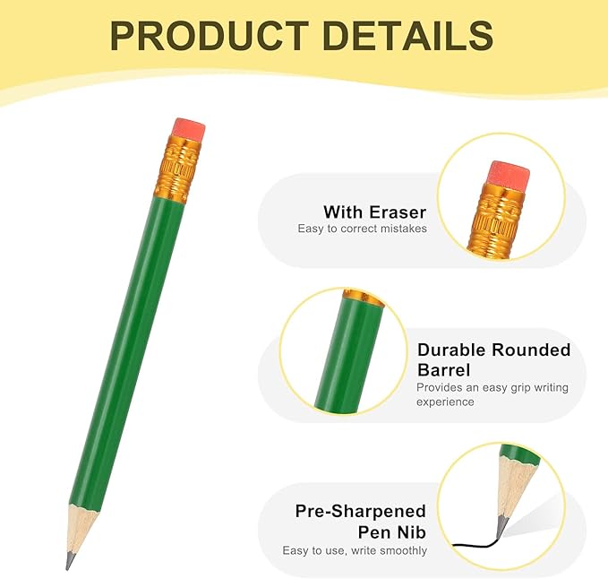 MECCANIXITY Golf Pencils with Erasers, 4" HB Mini Half Pencils Pre Sharpened Small Pens for Wedding Bridal Shower Game Office Writing Drawing(Green/White, Pack of 50)