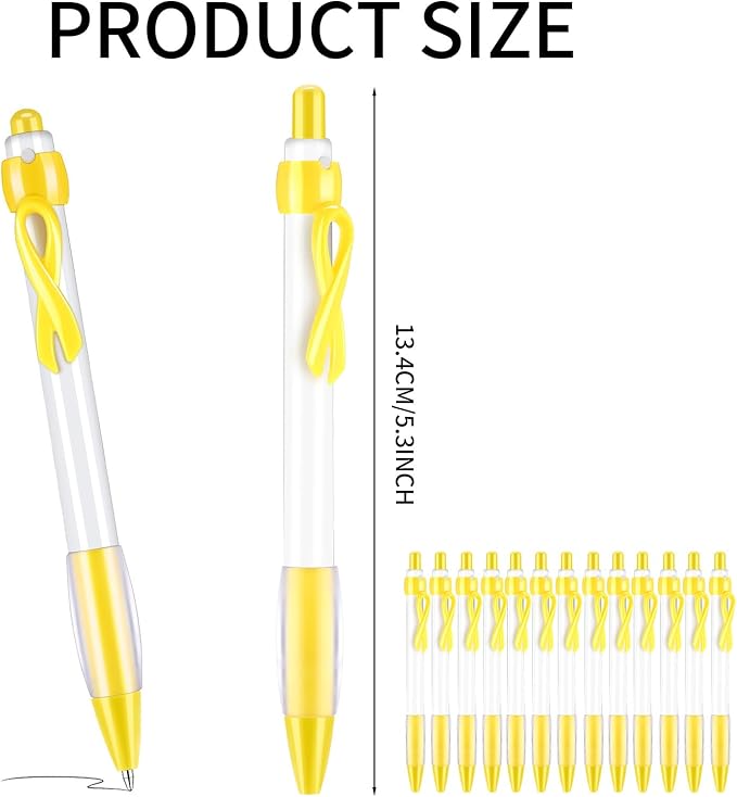Yexiya 100 Pcs Childhood Cancer Awareness Ribbon Pen Bulk 1.0 mm Childhood Cancer Awareness Items Yellow Ribbon Retractable Pen for Mental Health Charity Volunteers Activities, Black Ink