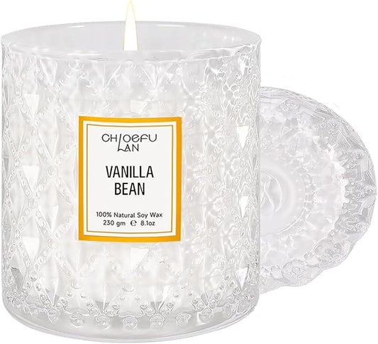 Chloefu LAN Vanilla Bean Highly Fragranced Candle Gifts for Women, Mothers Day Candle Gift, Natural Wax Candle for Home Scented, Up to 55 Hour Burn time - 8.1 Ounce Premium Soy Wax