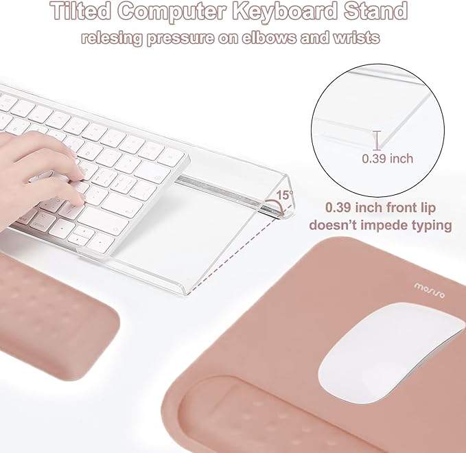 MOSISO Computer Keyboard Stand&Wrist Rest Support for Keyboard &Mouse Pad Set, Ergonomic Massage Wrist Rest Set, Easy Typing Working Acrylic Clear Stand for Office Home, Mocha