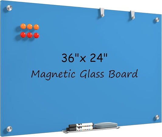 MaxGear Glass White Board 36x24, Bule Wall Mounted Magnetic Glass Dry Erase Board, Large Frameless Whiteboard with 1 Eraser,3 Markers and 6 Magnets for Office, School, Home