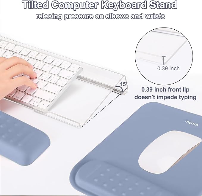 MOSISO Computer Keyboard Stand&Wrist Rest Support for Keyboard &Mouse Pad Set, Ergonomic Massage Wrist Rest Set, Easy Typing Working Acrylic Clear Stand for Office Home, Lavender Gray