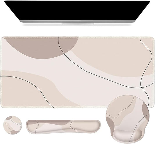 iCasso Large Gaming Mouse Pad Wrist Support Set, Desk Mat, 4in1 XXL Mousepad + Keyboard Wrist Rest+Mouse Wrist Rest+Coaster Set with Ergonomic Design for Home Office Table Computer-Brown Art