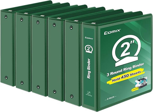 COMIX 3 Ring Binder 2 inch with Clear View Cover, 2" View Binder Holds 450 Sheets of US Letter Size Paper, 6 Pack (Green)