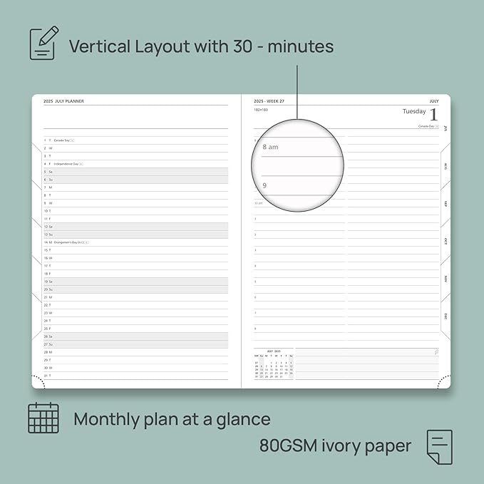 POPRUN 2025-2026 Daily Planner One Page Per Day (Large - 8.25'' x 12'') - Academic Calendar (July 2025 - June 2026), 2025 Day Appointment Book with Monthly Tabs, Hardcover - Light Yellow
