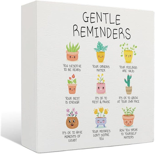 Mental Health Wooden Signs - Gentle Reminders Wooden Box Sign, Inspirational Potted Plant Desk Sign, Therapy Office Decor, Motivated Gifts, 5 X 5 Inches