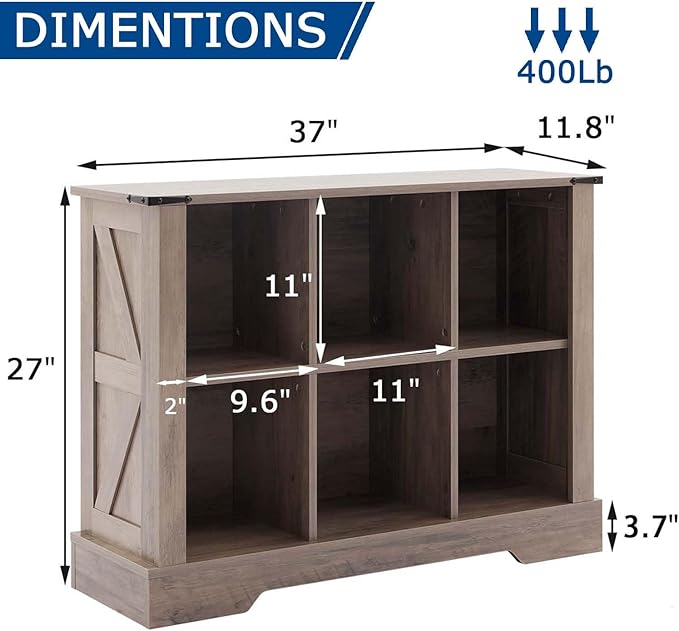 6 Cube Storage Organizer, 2 Tier Bookshelf for Living Room, Farmhouse Bookcase with Led, Kids Toy Storage Cabinet, Wall Cubby Shelves for Home Decor, Wood Display Cabinet for Bedroom, Grey