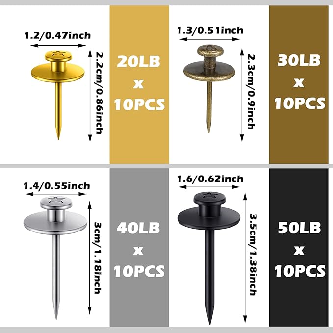 Zhengmy 40 Pcs Double Headed Picture Hangers Nails 4 Size Long Thumb Tacks Wall Nails for Hanging Pictures Decorative Push Pins Hooks for Drywall Photo Office Home Decor, 20/30/ 40/ 50lb(Mixed Colors)