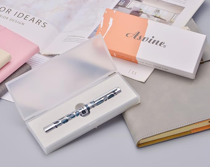 Asvine V169 Vacuum Filling Fountain Pen Fine Nib, Water Drop Skeleton Transparent Gray Blue Acrylic Pen Case Set
