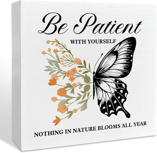 Therapy Office Desk Wooden Box Sign Decor, Mental Health Wood Box Sign Decorations for School Psychologist Therapy Office, Gifts for Therapist Psychologist School Counselor, Be Patient with Yourself