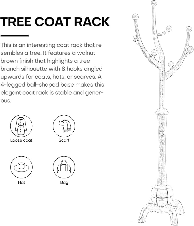 Coat Rack, Solid Wood Coat Racks Stand, Free Standing Coat Rack Coat Hanger with Hooks for Jaceket, Winter Coats, Entryway, Hallway, Bedroom - Load 160lbs (White)