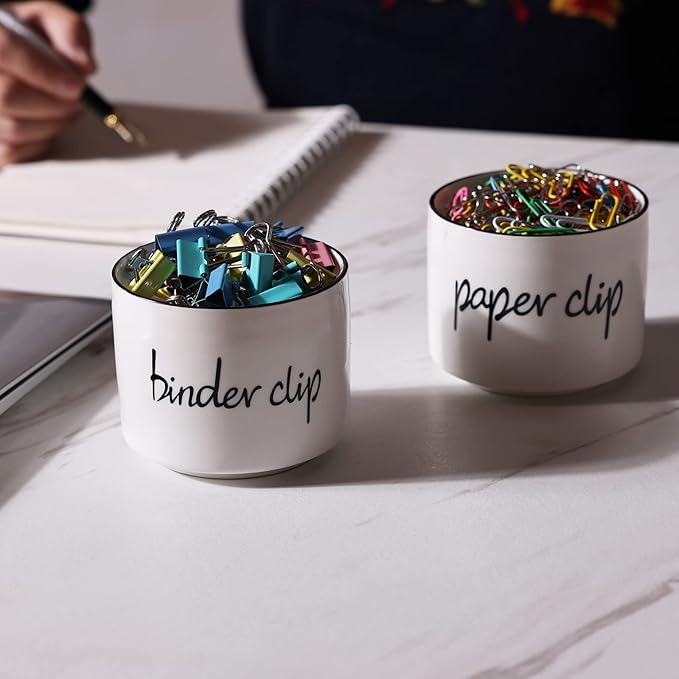 ONTUBE Ceramic Paper Clip Holder and Binder Clip Holder Set Dispenser Organizer for Desk (White)