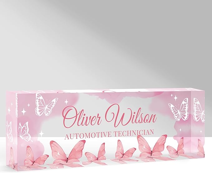 Custom Name Plate for Desk, Personalized Acrylic Office Name Sign with Name & Title, Elegant Desk Decor for Women Men, Employee Appreciation Gift (Pink Butterfly)